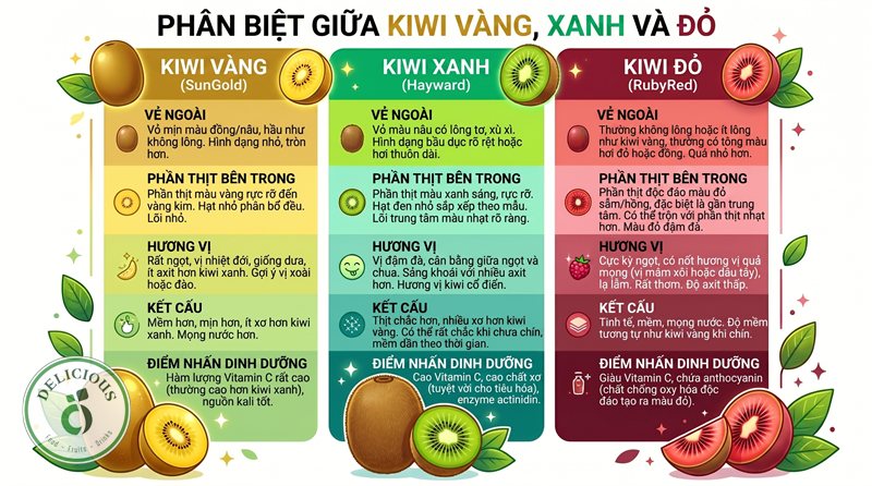 Kiwi vàng và kiwi xanh - Bảng so sánh kiwi vàng và kiwi xanh